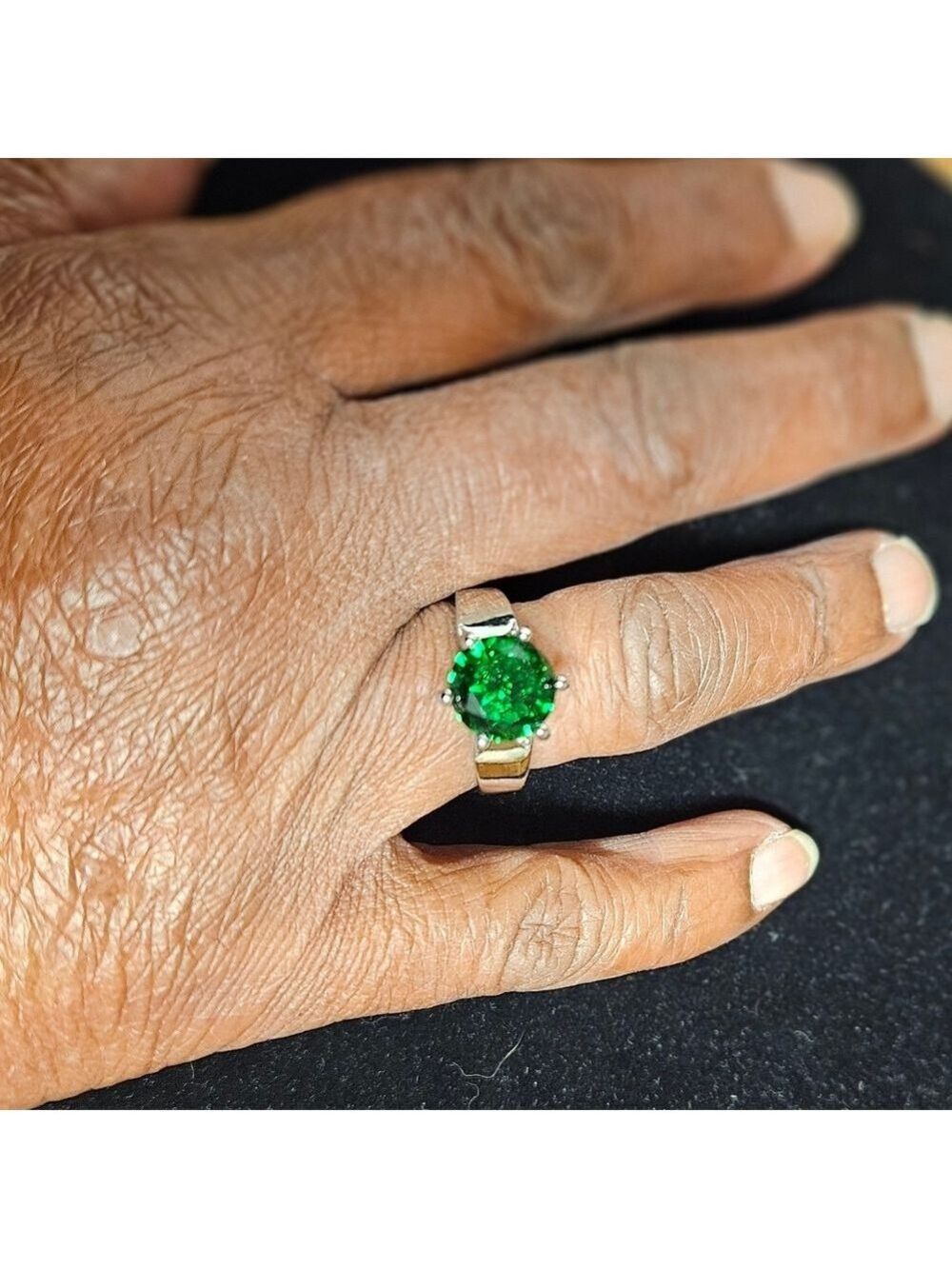 Green Silver-tone Solitaire with Crystal Accents Ring, Size 8